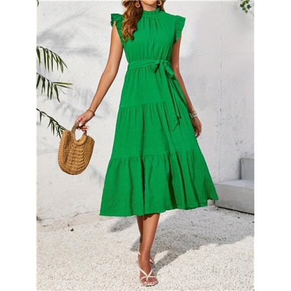 A Classy Chic Boutique Dresses & Skirts - Frill Mock Neck Ruffled Cap Sleeve Midi Dress
